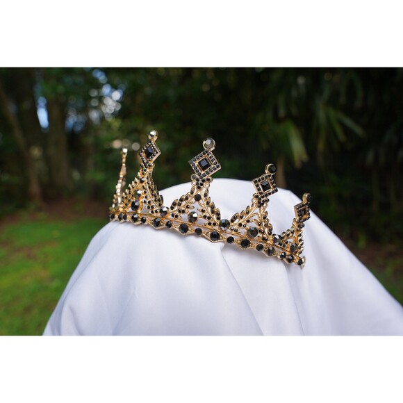 Unisex Vintage Black Gem Gold Tiara Bridal Crown Birthday Wedding Gift Diadem - Picture 7 of 7